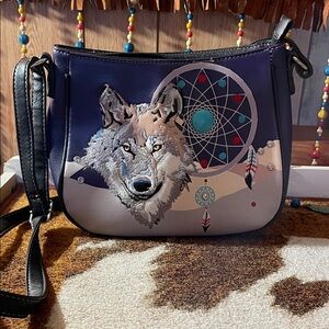Wolf & Dreamcatcher Crossbody Bag - Purple/Grey